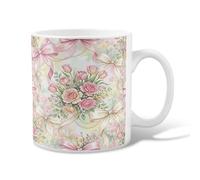 Roses Ceramic Coffee Mug, Floral Romantic Tulips Bows Spring Peach Novelty Tea Cup with Handle Ideal for Friendship Family Colleague Staff Sweetheart Teachers 11 Oz