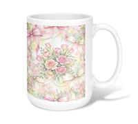 Roses Ceramic Coffee Mug, Floral Romantic Tulips Bows Spring Peach Novelty Work Drinking Mugs with Handle Ideal for Friends Family Coworkers Teachers Couples Employees 15 Oz