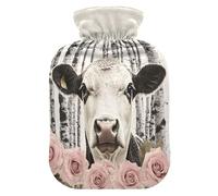 Roses Cow Beige Print Hot Water Bottle with Cover for Pain Relief Heating Bottles for Warming Hands, 2L
