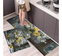 Roses Daisies Lemons Kitchen Rugs Runner Set of 2 Anti Fatigue Fresh French Floral Style Kitchen Floor Mat for Home Decor Office Non Slip Kitchens Rug Set Comfort Standing Mats 45x75cm+45x150cm