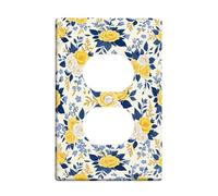 Roses Duplex Outlet Covers Wall Plate, Floral Vintage Blue Flowers Leaves Spring Yellow Plastic Standard Size Wall Plates for Electrical Outlets for Home Living Room New Apartment Decor