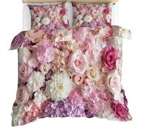 Roses Duvet Cover Single Size, Pink Roses Comforter Cover Flower Wall Bedding Set 3 Piece with 2 Pillow Sham with Zipper Closure 135 x 200cm