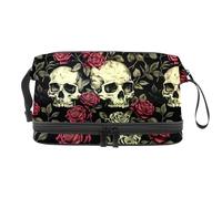 Roses Flower Dead Skull Double Layer Cosmetic Bag for Women and Girls, Travel Toiletry Bag Makeup Handy Pouch Organiser Bag with Brush Compartment