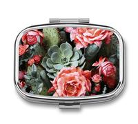 Roses Flowers and Cactus Pill Box 2 Compartment - Small Metal Medicine Organizer Portable Pill Case for Purse Pocket Travel Vitamin Organizer for Men Women, BPA-Free