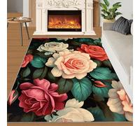Roses Flowers Rugs for Girls Bedroom 120x170 cm, Non-Slip Washable Botanical Leaves Design Area Rug for Women, Soft Low-Pile White Pink Carpet, Fashion Style