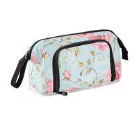 Roses Golden Leaves Pastel Retro Pencil poucheses Large Capacity Pencil Case School with Slot Brush and Pencil Case for Kids Travel