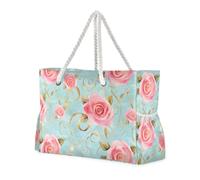 Roses Golden Leaves Pastel Retro Sandproof Tote Bags For Travel with side pocketes Large Beach Bag for beach&school&work