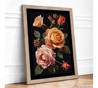 Roses in Bloom Botanical Framed Wall Art Print A2 (59.4×42cm) Oak, Wall Decor for Living Room, Bedroom, Office & Home, Ready to Hang, Art Gift
