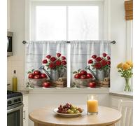 Roses Kitchen Curtains, Country Rustic Apples Watering Can Summer Red Light Filtering Kitchen Curtains for Laundry Room Sink Area Hallway Apartment Window Decor 26x30 Inch