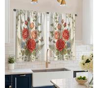 Roses Kitchen Curtains, Floral Vintage Butterflies Vines Spring Red Window Treatment for Laundry Room Sink Area Hallway Apartment Window Decor 26x45 Inch