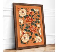 Roses on Burnt Orange Botanical Framed Wall Art Print A1 (84.1×59.4cm) Walnut, Wall Decor for Living Room, Bedroom, Office & Home, Ready to Hang, Art Gift
