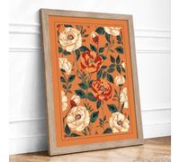 Roses on Burnt Orange Botanical Framed Wall Art Print A2 (59.4×42cm) Oak, Wall Decor for Living Room, Bedroom, Office & Home, Ready to Hang, Art Gift