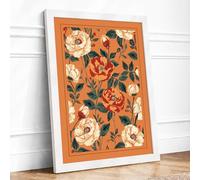 Roses on Burnt Orange Botanical Framed Wall Art Print A2 (59.4×42cm) White, Wall Decor for Living Room, Bedroom, Office & Home, Ready to Hang, Art Gift