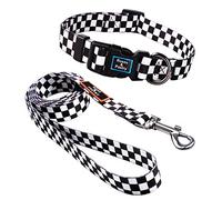 Roses&Poetry Dog Collar and Lead for Medium Large,Adjustable Durable 5ft Puppy Leash Collar for Dog Training Lead（Black & White-L）