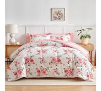 Roses Queen Duvet 10.5 Tog, Pink Microfiber Bedding Set, 1 Quilt 220x220cm and 2 Pillowcases 50x75cm, All Year Round Comforter for Cozy Nights X478