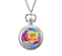 Roses Rainbow Watercolor Men's Pocket & Fob Watches Silent Ticking Quartz Alloy Chain Watch for Daily Use Silver-Style