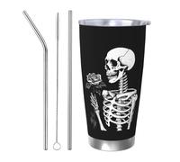 Roses Rock and Roll Skeleton Skull Tumblers 20 Oz Stainless Steel Tumbler Cup Straw Three-Piece Set for Adult Women Men, Travel Coffee Mug for Office Birthday Anniversary Wedding Party