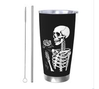 Roses Rock and Roll Skeleton Skull Tumblers 20 Oz Stainless Steel Tumbler Cup Straw Two-Piece Set for Adult Women Men, Travel Coffee Mug for Office Birthday Anniversary Wedding Party