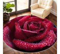 Roses Round Rugs for Dining Table, Red Roses Rug 180cm, Dew Flowers Circle Rug, Washable Round Area Rugs for Living Room Bedroom Under the Sofa