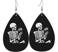 Roses Skeleton Skull Rock And Roll Christmas Green Leaves Leather Teardrop Earrings For Women Holiday Decorations