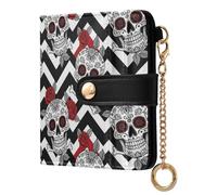 Roses Skulls Black Pattern Small Women Wallet RFID Blocking Bifold PU Leather Compact Card Holder with Zipper Coin Pocket Purse for Ladies Girls Women