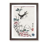 Roses & Sparrows By Utagawa Hiroshige Asian Japanese Framed Wall Art Print, Ready to Hang Picture for Living Room Bedroom Home Office Décor, Walnut A3 (34 x 46 cm)