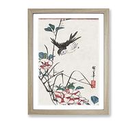 Roses & Sparrows By Utagawa Hiroshige Asian Japanese Framed Wall Art Print, Ready to Hang Picture for Living Room Bedroom Home Office Décor, Oak A2 (64 x 46 cm)