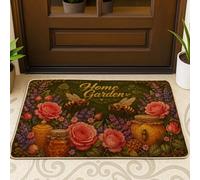 Roses Welcome Door Mat, Botanical Vintage Bees Honey Jars None Green Rubber Non-Slip Back Doormat Home Decor for Entryway Outdoor Porch Balcony 29x17 Inch