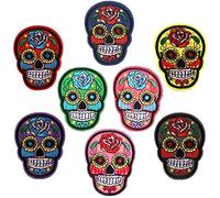 ROSETOR 8pcs Colorful Skull Patches Set, Embroidered Iron-on Patches for Jeans, Bags, Jackets, 5.1 cm * 7.0 cm, Mexican Style Punk Rock Badges, Day of The Dead Appliques