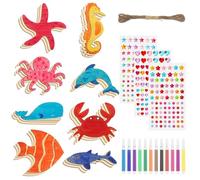 RosewineC Pack of 40 Sea Animals Wooden Craft Set Wooden Discs Painting Crafts with Watercolour Pen, Coloured Glitter Stones Self-Adhesive Hemp Rope for DIY Crafts Boys Girls Children Birthday