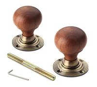 Rosewood & Antique Brass Bun Door Knobs Pair - 55mm Wooden Mortice Door Knobs with Reeded Backplates - Traditional Interior Door Hardware