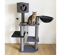 Rosewood Charcoal Felt Triple Tower Cat Tree, 1.38m Tall Premium Scratching Tree with Multiple Levels, Resting & Climbing Areas, Includes 2 Hanging Catnip Toys