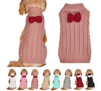 Rosewood Dog Turtleneck Sweater - Bow Knitting Jumper, Warm Winter Clothes Pullover, Crochet Coat - Christmas Costume for Small, Medium, Large Dogs & Cats (Rose pink, M)