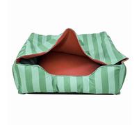 Rosewood Green & Pink Stripe Burrow Dog Bed - Cosy Cave for Small to Medium Dogs and Puppies, Ultra Soft Plush Cushion Mattress with Blanket Canopy, Washable, Non-Slip Base, 70 x 70 x 20cm