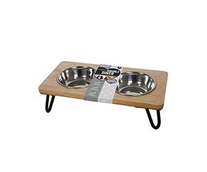 Rosewood Raised Wood Dog Bowl for Small and Medium Dogs and Cats With a Sturdy Elevated Stand and Two Stainless Steel Water and Food Bowls, Medium