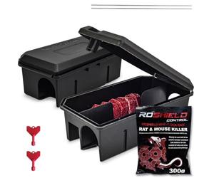 Roshield - 2X PRE-BAITED Anti Rat Solution Kit | Pre Bait Box Rat Trap + 300g Refill blocks | indoor/Outdoor Fast & Safe Infestation Control | Rat Poisoning Super Strength | READY TO USE | 2Pack+300g