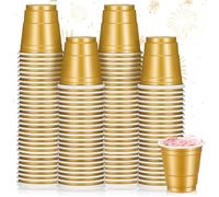Roshtia 100 Pack 2 oz Plastic Shot Cups, Mini Disposable Shot Glasses 2 oz Wedding Party Cups for Bridal Shower Wedding Party, Beer Taste Serving, Snacks(Gold)