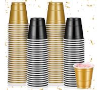 Roshtia 100 Pack Christmas 2oz Plastic Shot Cups, Mini Disposable Shot Glasses 2oz Small Plastic Cups for Wedding, Graduation Party, Beer Taste Serving, Snacks(Black, Gold)