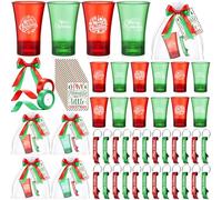 Roshtia 24 Sets Christmas Party Favors Bulk 1.2 Oz Acrylic Merry Christmas Shot Glasses with Bottle Opener Keychains Card Organza Bag Ribbon Xmas Drinking Shot Glasses Gifts