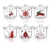 Roshtia 6 Pcs Christmas Hot Cocoa Bar Supplies Buffalo Plaid Hot Chocolate Acrylic Sugar Bowl with Lid and Spoon Christmas Tree Snowman Snowflake Sugar Jars for Home Coffee Bar Holiday Party