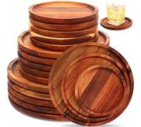 Roshtia Set of 15 Round Acacia Wood Dinner Plates Natural Wooden Charger Plates Lightweight Classic Food Trays for Dish Snack Salad Dessert, 6 8 10 inch, 5 of Each Size, Housewarming Christmas Gifts