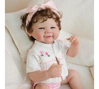 ROSHUAN Real Life Reborn Baby Dolls Silicone Full Body Vinyl 19 Inch Sweet Smiling Realistic Baby Dolls Girl Brown Curly Hair Lifelike Newborn Babies Doll For Kids Age 3+