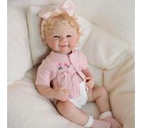 ROSHUAN Sweet Smiling Reborn Baby Dolls Silicone Full Body Vinyl 19 Inch Real Life Baby Dolls Girl Blonde Curly Hair Lifelike Newborn Babies Doll Toy For 3 Years Old Kids