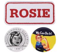Rosie The Riveter Badge Set - ‘Rosie’ Iron-On Patch + 2 Pin Buttons - ‘We Can Do It!’ & Electric Service Designs - Vintage Feminist Icon Apparel Accessories