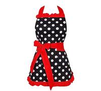 RosieLily Vintage Apron for Women Cute Retro Apron with Pockets Kitchen Apron for Cooking Baking Frilly Ruffle 50s Ladies Adjustable Cotton Polka Dot Delicate Hemline Black Red Holiday Christmas Apron