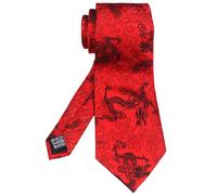 Rosiika Men's Dragon Tie Peony Embroidery Woven Wedding Formal Silk Neckties Gift 3.54", Red Black, One size