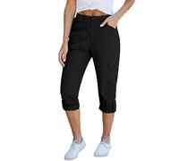 Roskiky Cargo Capri Pants for Women High Waisted Relaxed Fit Elastic Knit Waist Pants M Black