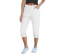 Roskiky Cargo Capri Pants for Women High Waisted Relaxed Fit Elastic Knit Waist Pants M Ivory White