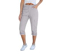 Roskiky Cargo Capri Pants for Women High Waisted Relaxed Fit Elastic Knit Waist Pants S Light Gray