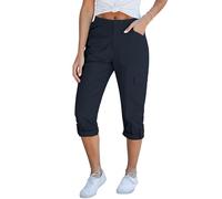 Roskiky Cargo Capri Pants for Women High Waisted Relaxed Fit Elastic Knit Waist Pants S Navy Blue